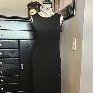 Elegant Black Sleeveless Side Button Dress by WHBM